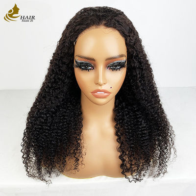 4*4 Frontale dentelle vierge Cheveux humains naturels noirs coiffés en boucle Perruques avec bandes antidérapantes