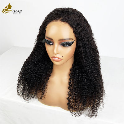 4*4 Frontale dentelle vierge Cheveux humains naturels noirs coiffés en boucle Perruques avec bandes antidérapantes