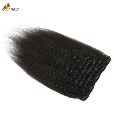 L'usine fournit Yaki Kinky Curl Malaisie Vierge Clip de cheveux humains dans les extensions de cheveux 7pcs À vendre