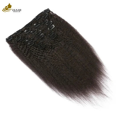 L'usine fournit Yaki Kinky Curl Malaisie Vierge Clip de cheveux humains dans les extensions de cheveux 7pcs À vendre