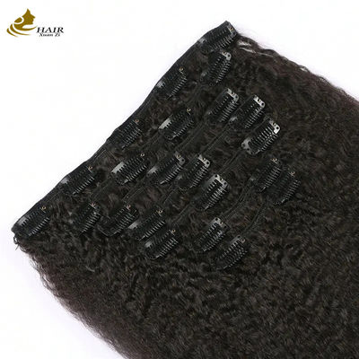 L'usine fournit Yaki Kinky Curl Malaisie Vierge Clip de cheveux humains dans les extensions de cheveux 7pcs À vendre