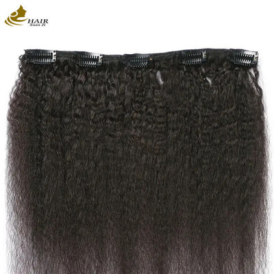 L'usine fournit Yaki Kinky Curl Malaisie Vierge Clip de cheveux humains dans les extensions de cheveux 7pcs À vendre